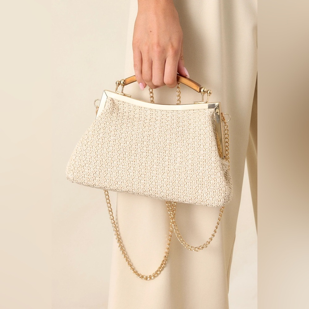 Elegant Casual couture Cream Woven Handbag with Gold Accents